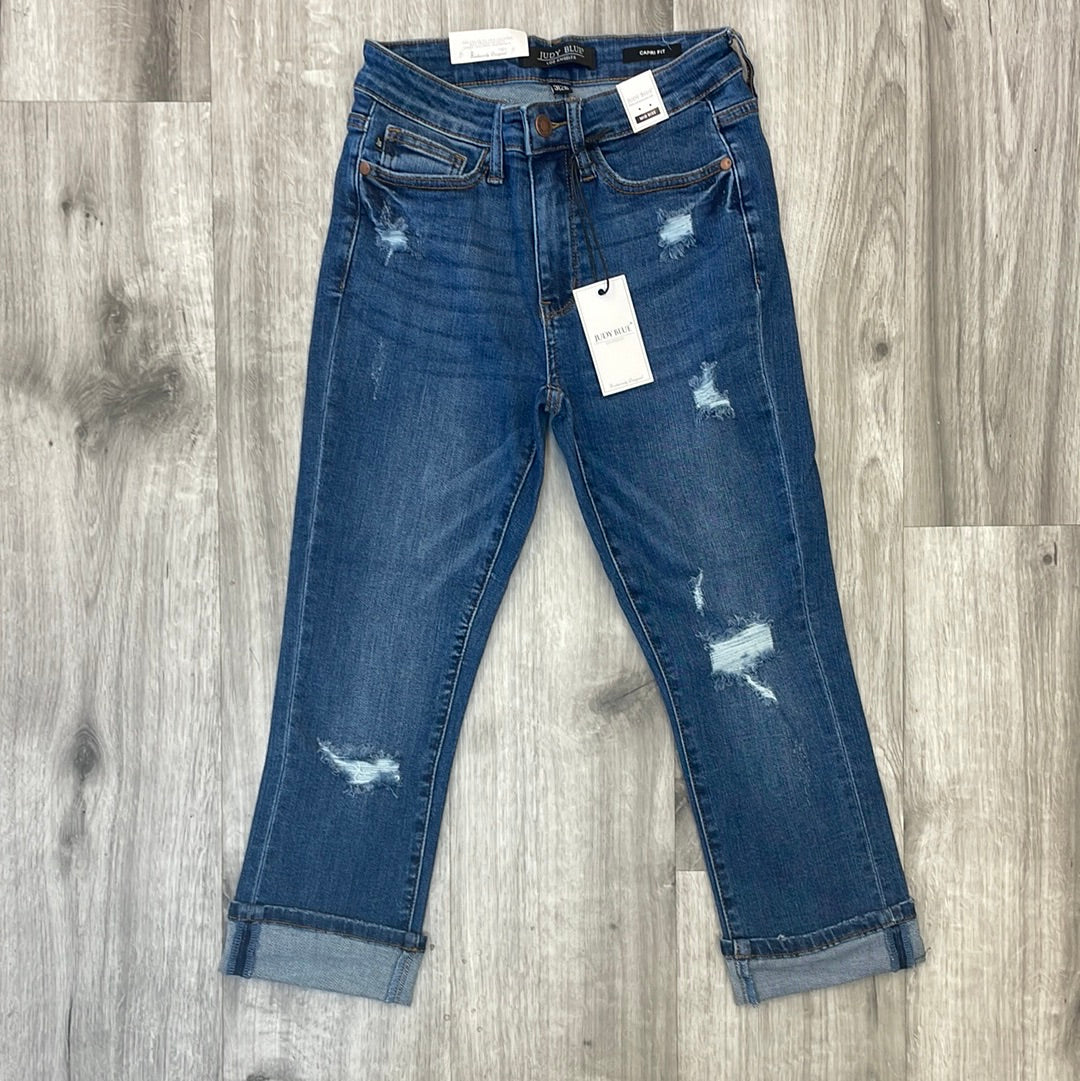 Judy Blue Mid-Rise Distressed Cuffed Capri