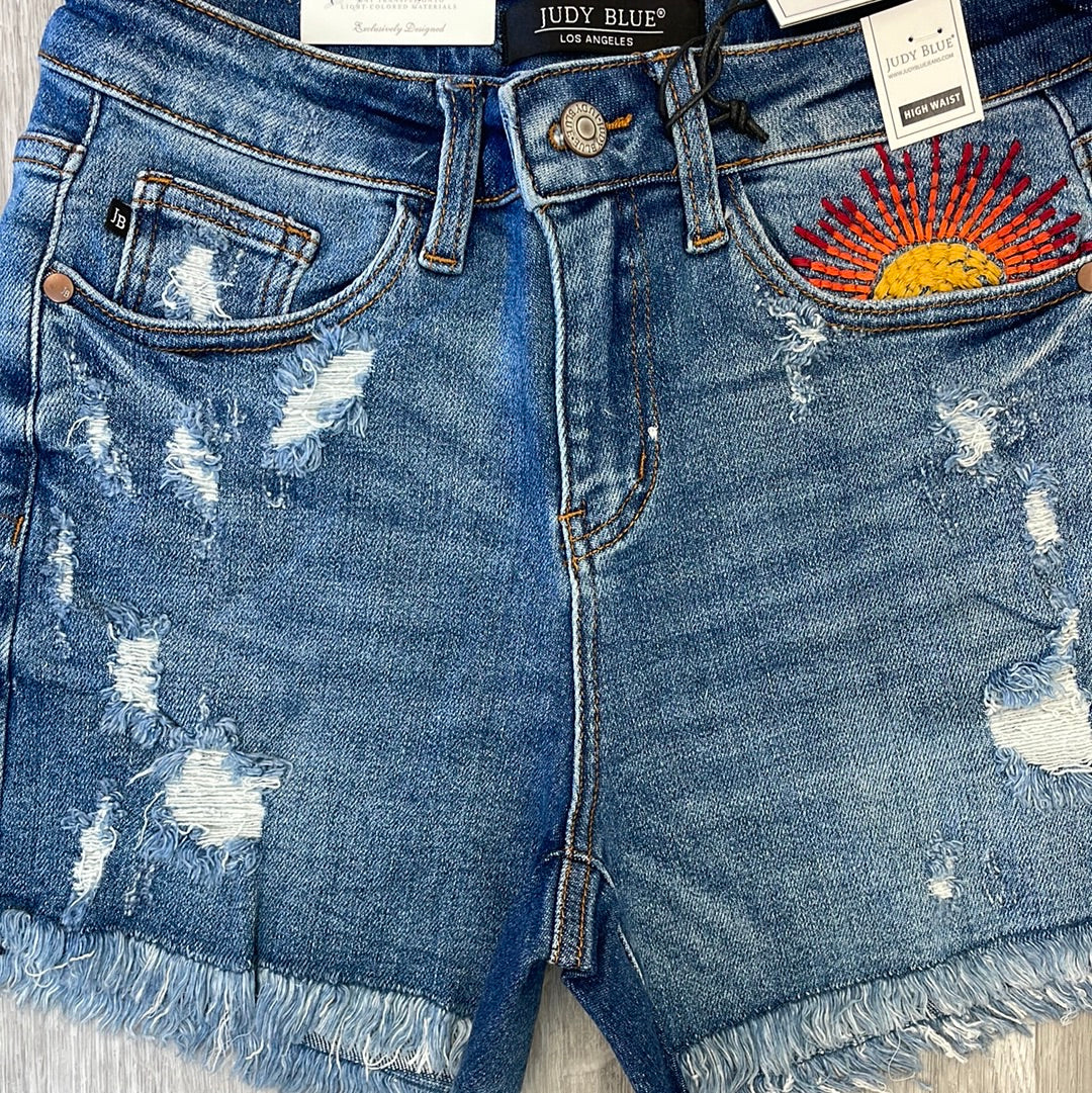 Judy Blue Hi-Rise Sun Embroidery Cutoff Shorts