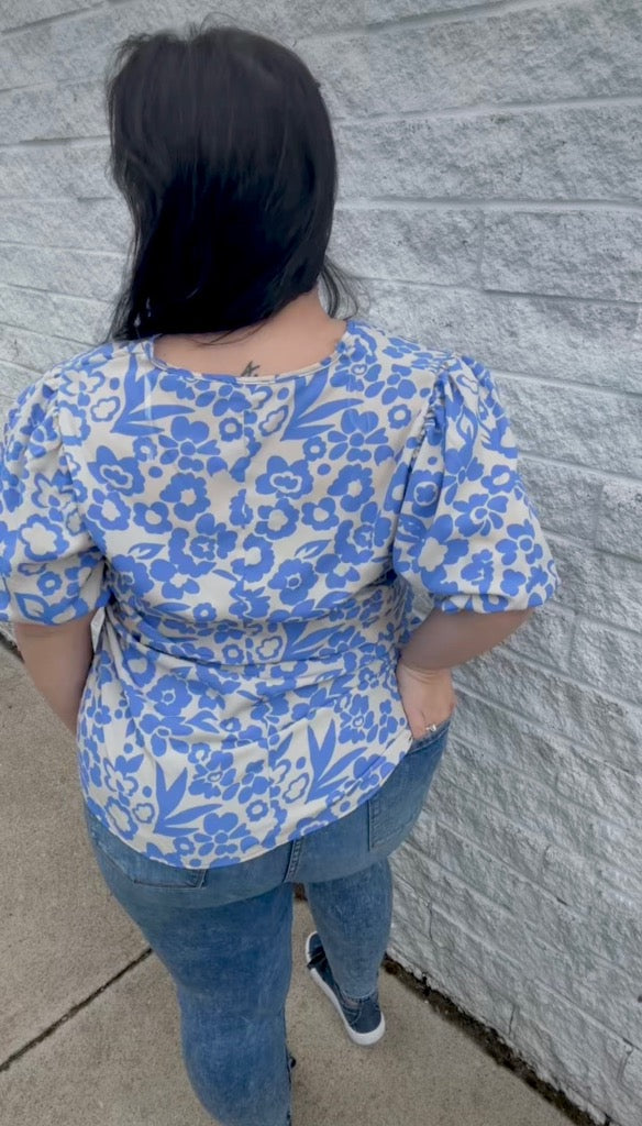 Entro blue and beige floral print