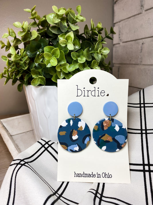 Birdie Large Dangle Blue Circle Earrings