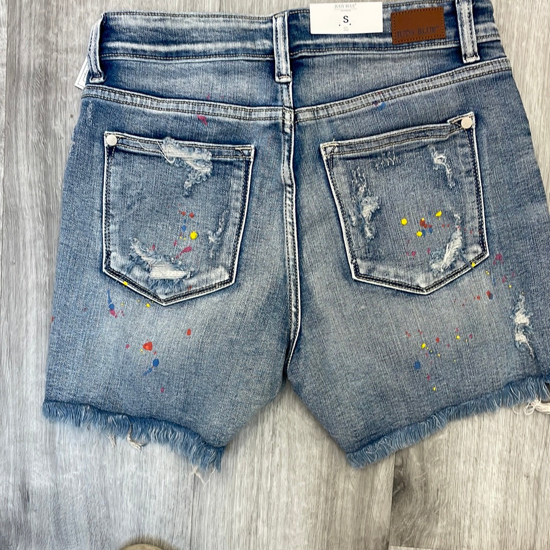 Judy Blue Mid-Rise Rainbow Paint Splash Cut off Shorts