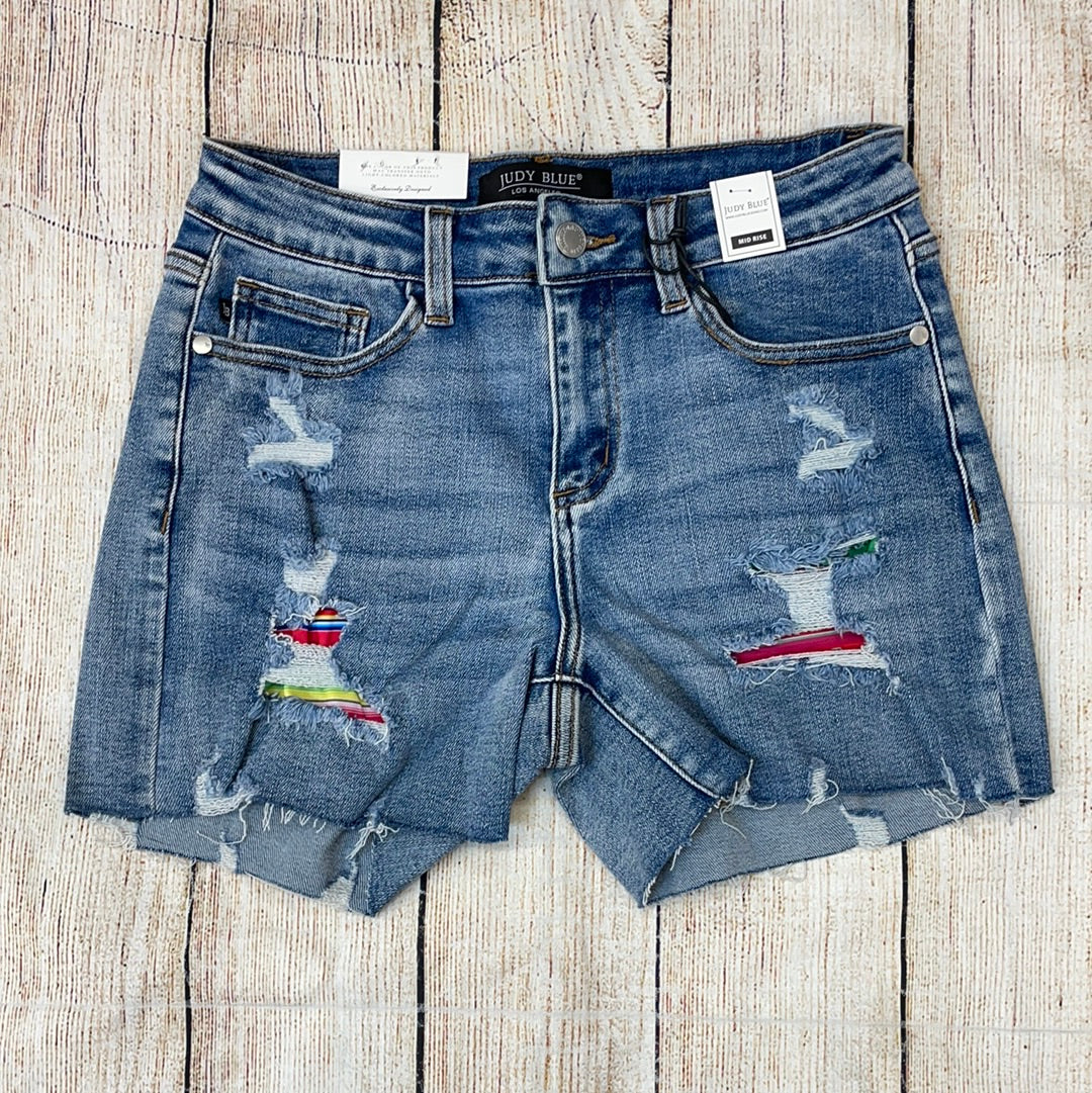 Judy Blue Mid-Rise Serape Patch Destroyed Shorts