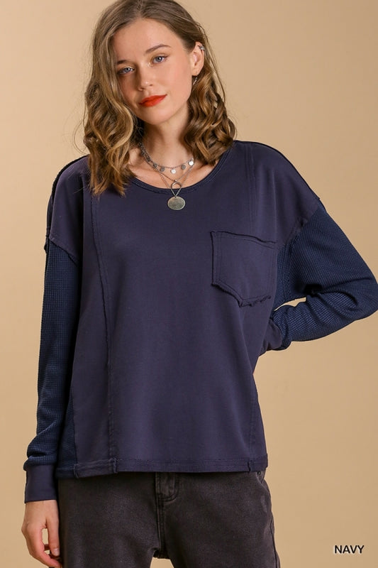 Umgee Round Neck Top with Waffle Knit Long Sleeve