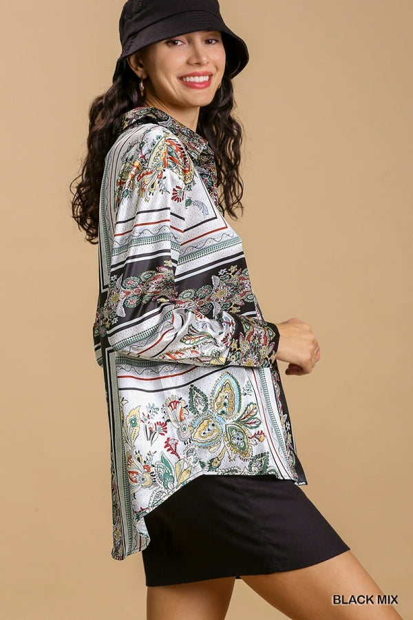 Umgee Satin Print Button Down Low Scoop Tunic