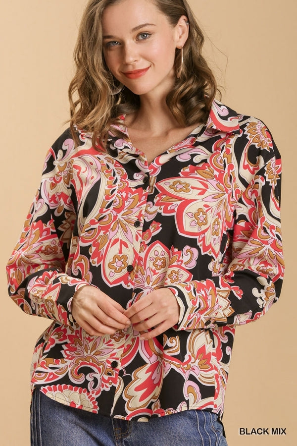 Umgee Floral Print Button Up Shirt With Hi-Lo Hemline