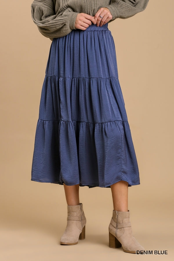 Umgee Elastic Waist Band Tiered Skirt with Lining