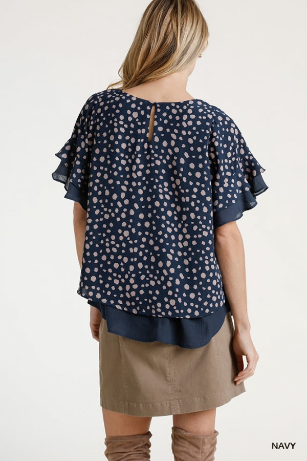 Umgee Dalmatian Print Short Ruffle Sleeve Layered Top