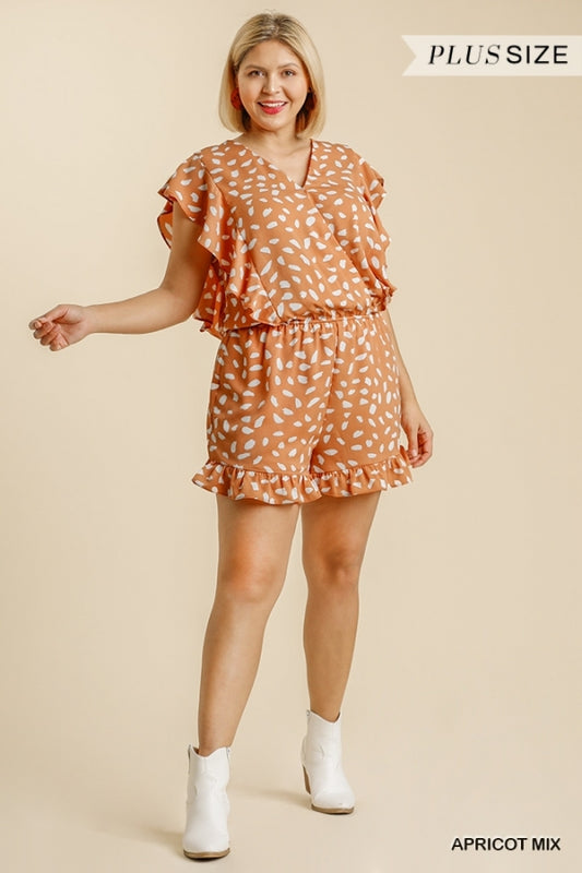 Umgee Apricot V-Neck Dalmatian Print Romper