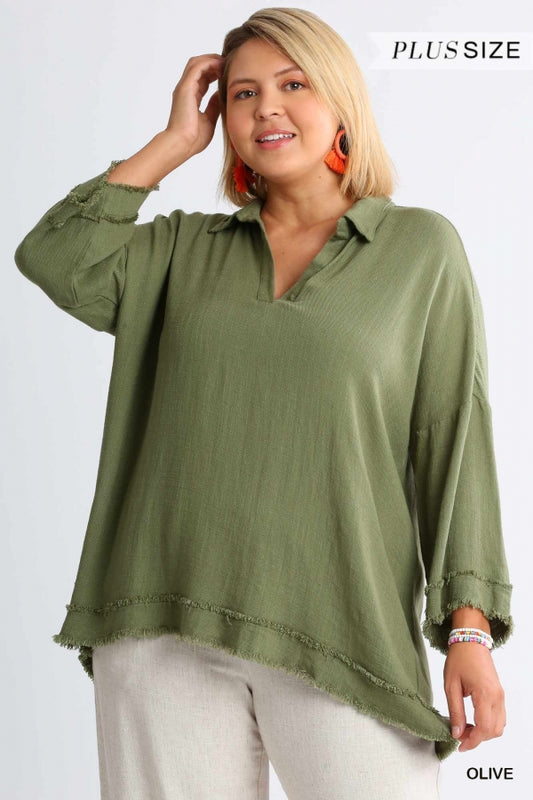 Umgee Linen Blend Collared 3/4 Sleeve Top