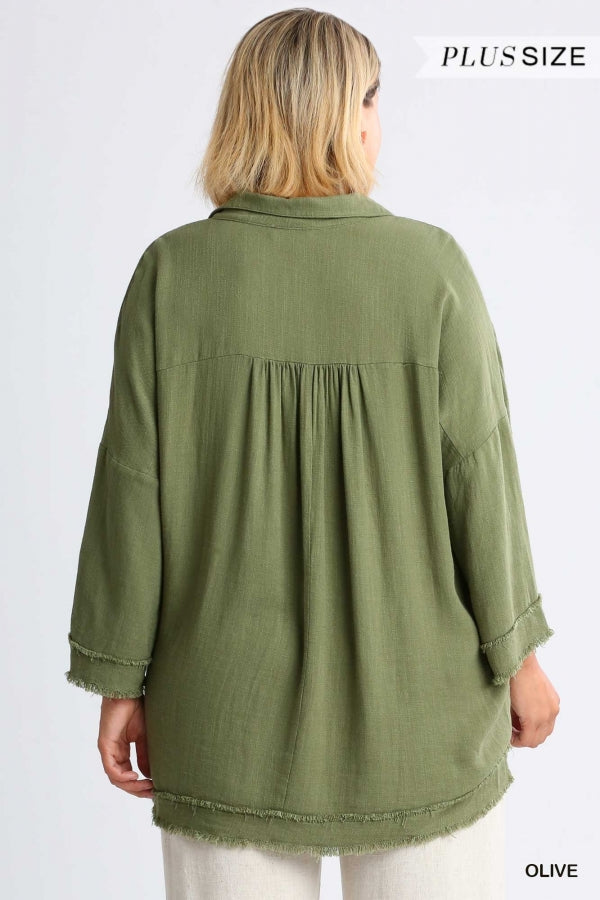 Umgee Linen Blend Collared 3/4 Sleeve Top