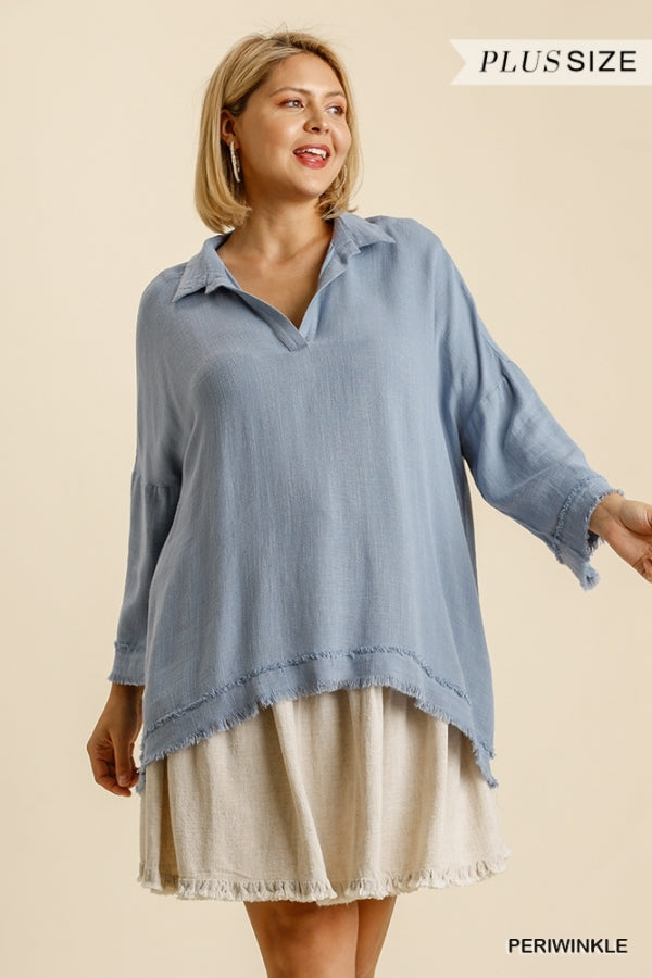 Umgee Linen Blend Collared 3/4 Sleeve Top