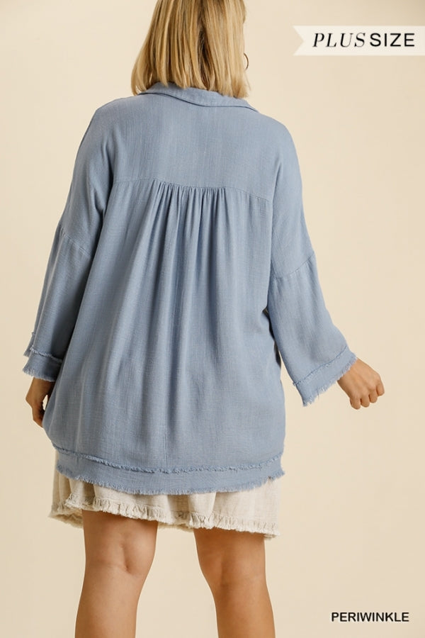 Umgee Linen Blend Collared 3/4 Sleeve Top