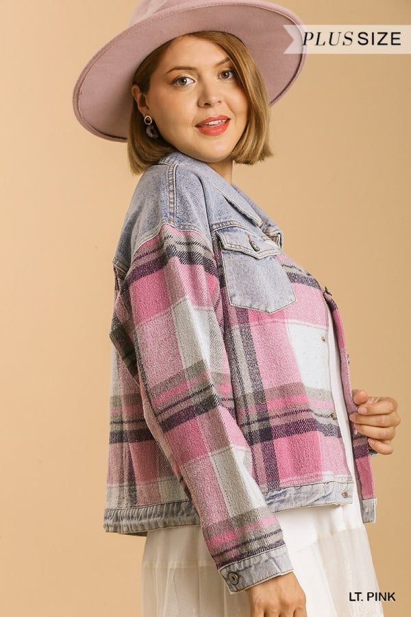 Umgee Button Down Denim Jacket With Plaid Detailing