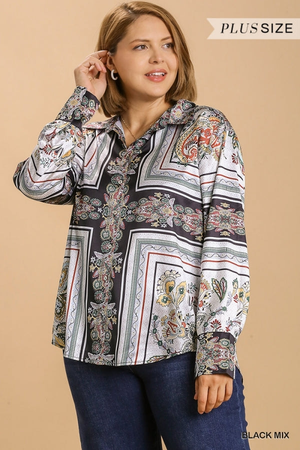 Umgee Satin Print Button Down Low Scoop Tunic