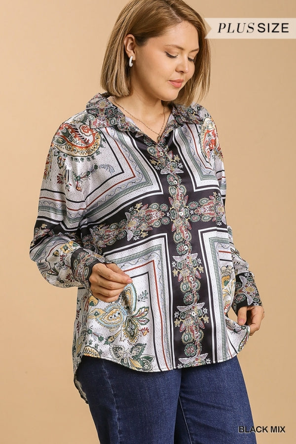 Umgee Satin Print Button Down Low Scoop Tunic