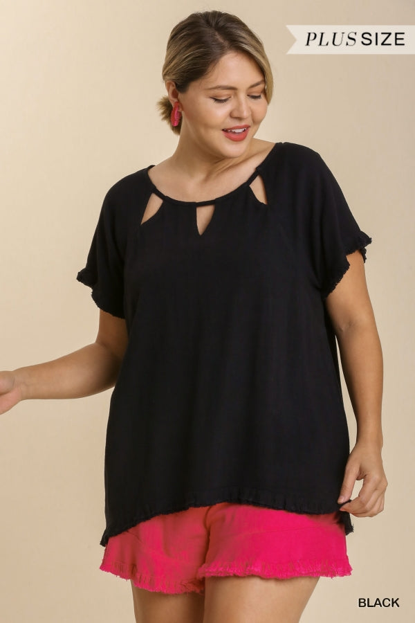 Umgee Linen Blend Cut Out Round Neckline Top