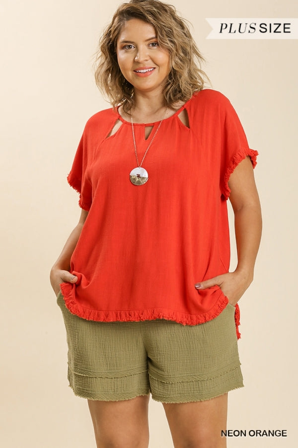 Umgee Linen Blend Cut Out Round Neckline Top